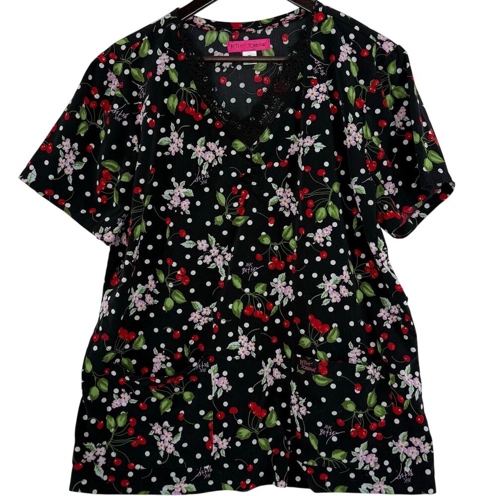 Betsey Johnson Cherry Floral Scrub Top XL